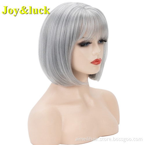 Silver Gray Middle Part Wholesale Scalp Wig For Women With Bangs Party Natural Straight Short Bob Cut Wig Synthetic Hair Wigs